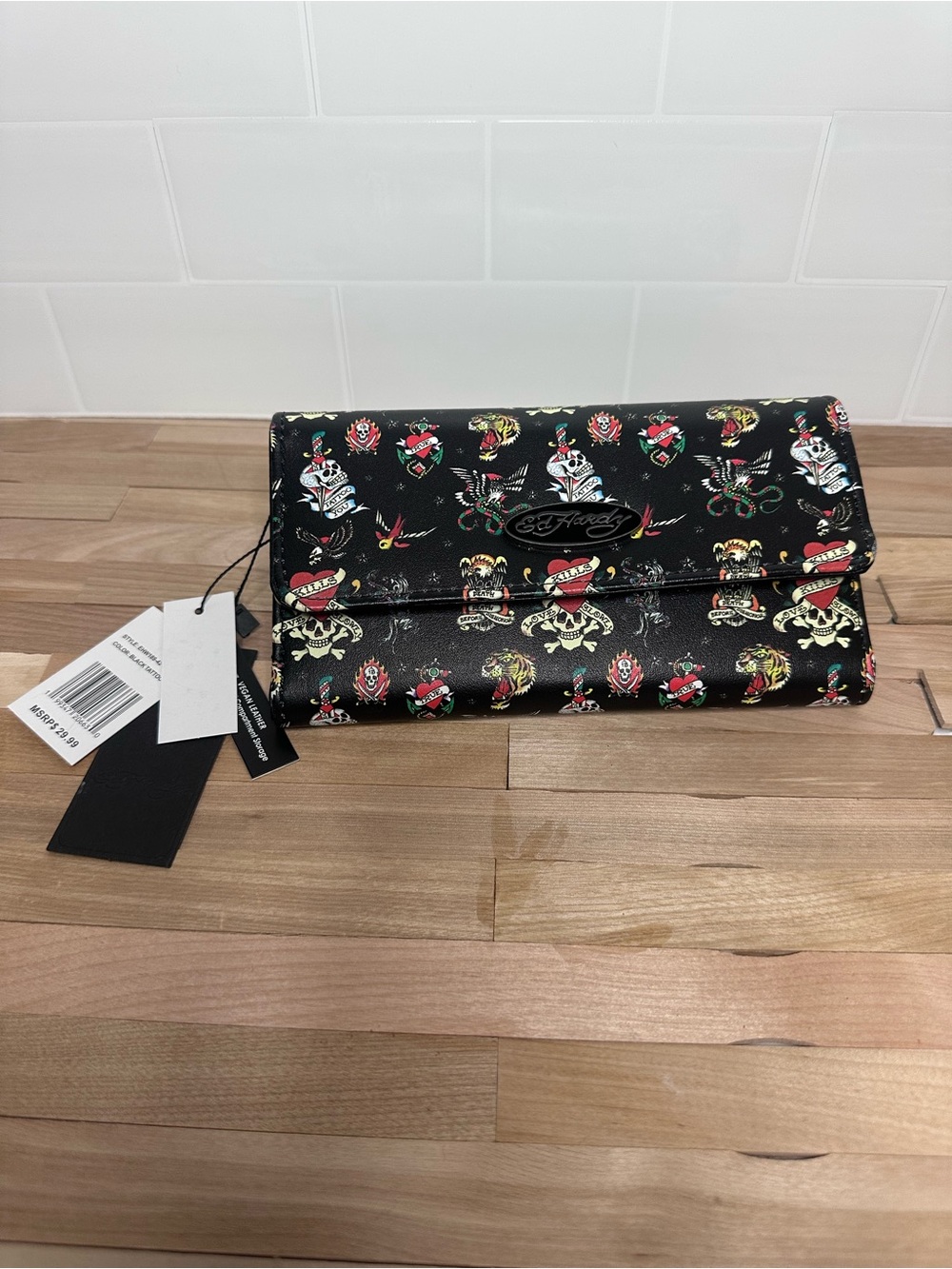 Ed Hardy Black Foldover Clutch with Multicolor Tattoo Motifs